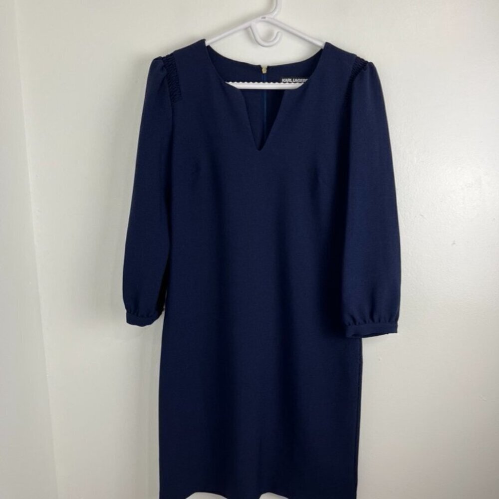Karl Lagerfeld Navy Blue Shift Dress w/ Pearl Button 3/4" Sleeves - Picture 4 of 11
